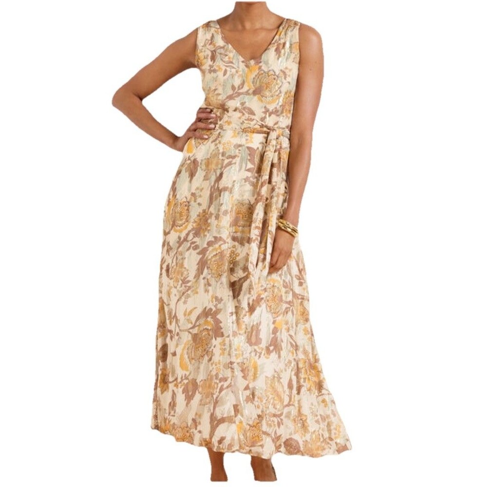 Talbots Floral Fit & Flare Maxi Dress Gold Yellow Brown Romantic Size 10